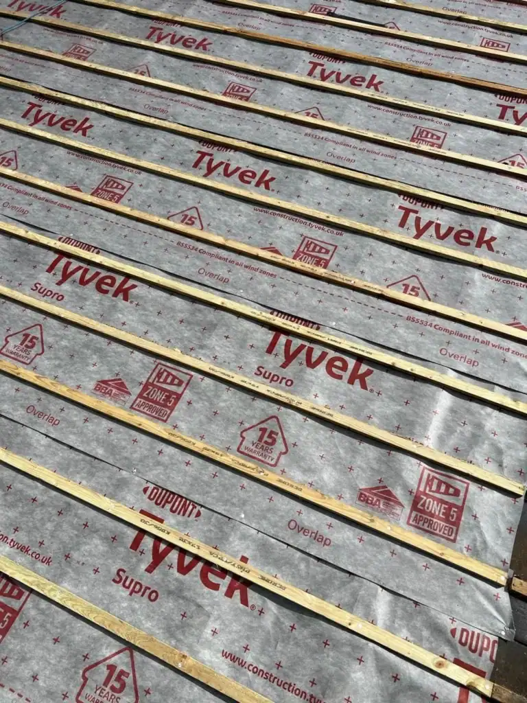 Tyvek breathable membrane with new treated battens fixed ready for tiling